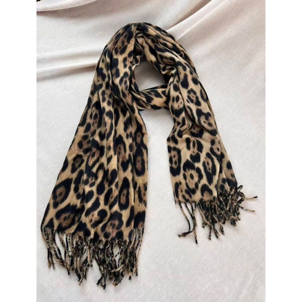 Women’s Leopard Print Fringe Scarf Lightweight Fashion Wrap Super Soft w/ Fringe
